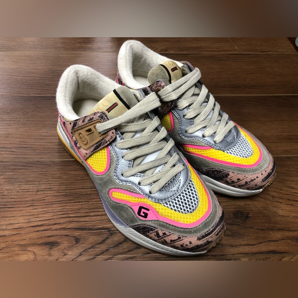 Gucci Women's Ultrapace Ace Snake Leather Distressed Suede Sneaker